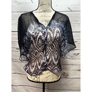 LANGUAGE XS Sheer‎ Top Blouse Kimono Sleeve Tie Dye Black Patterned
